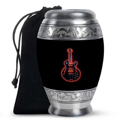 Obsidian Black Guitar Cremation Urn back view with polished surface - royal guitar engraving with decorative scrollwork - full-size 10 inch 200 cubic inch adult cremation urn