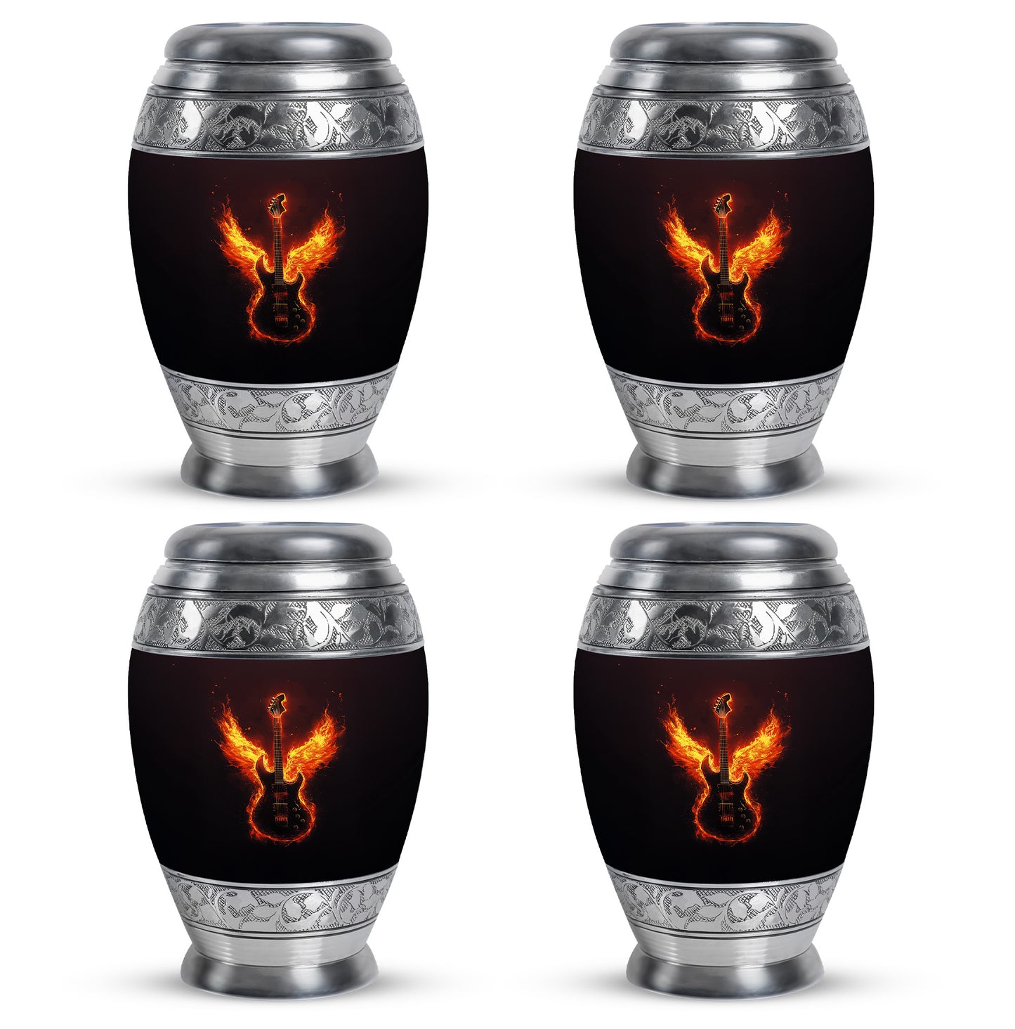 Deep Black Guitar Cremation Urn urn with complimentary velvet bag - ornate monarch-style guitar relief on brushed aluminum - 10 inch aluminum urn for cremated remains