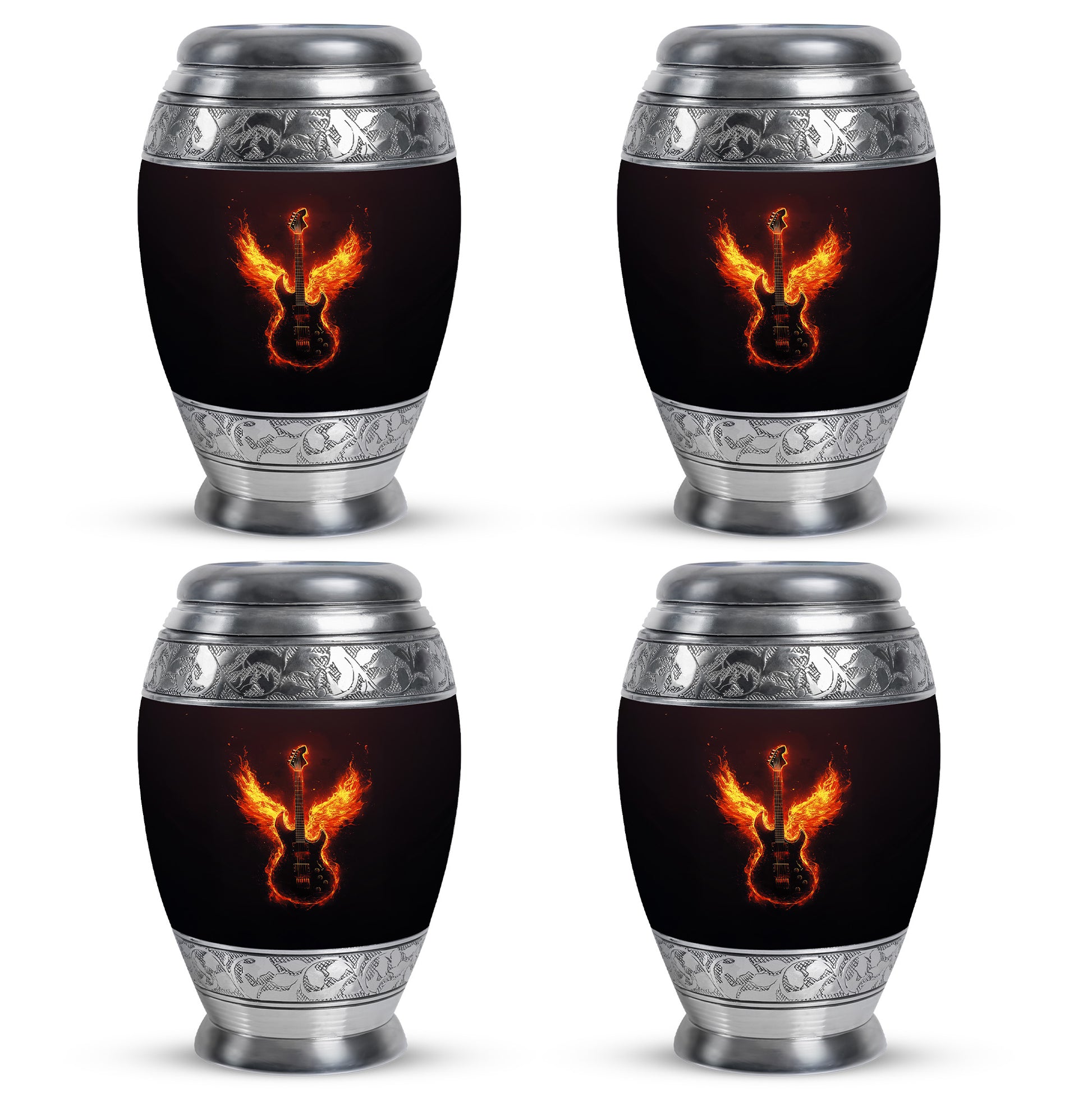 Deep Black Guitar Cremation Urn urn with complimentary velvet bag - ornate monarch-style guitar relief on brushed aluminum - 10 inch aluminum urn for cremated remains