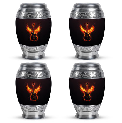Deep Black Guitar Cremation Urn urn with complimentary velvet bag - ornate monarch-style guitar relief on brushed aluminum - 10 inch aluminum urn for cremated remains