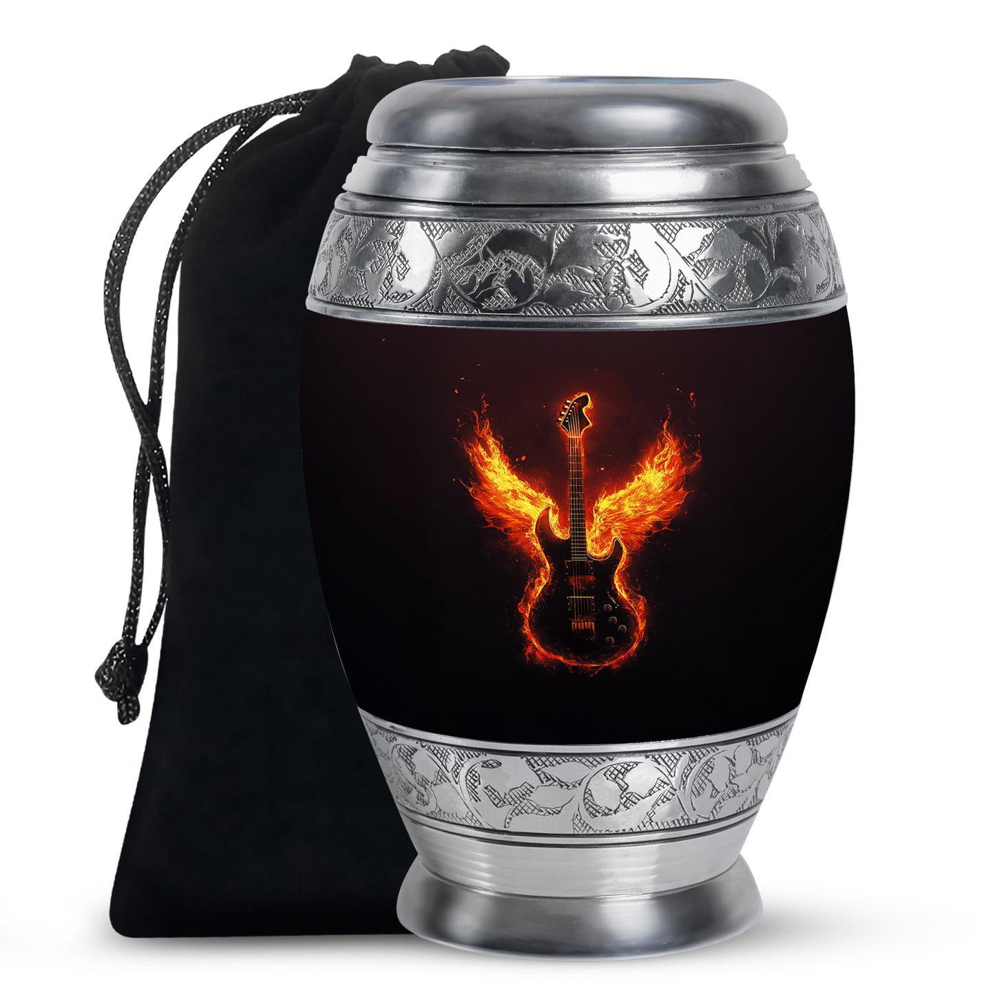 Glossy Black Guitar Cremation Urn back view with polished surface - ornate monarch-style guitar relief on brushed aluminum - full-size 10 inch 200 cubic inch adult cremation urn