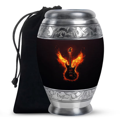 Glossy Black Guitar Cremation Urn back view with polished surface - ornate monarch-style guitar relief on brushed aluminum - full-size 10 inch 200 cubic inch adult cremation urn