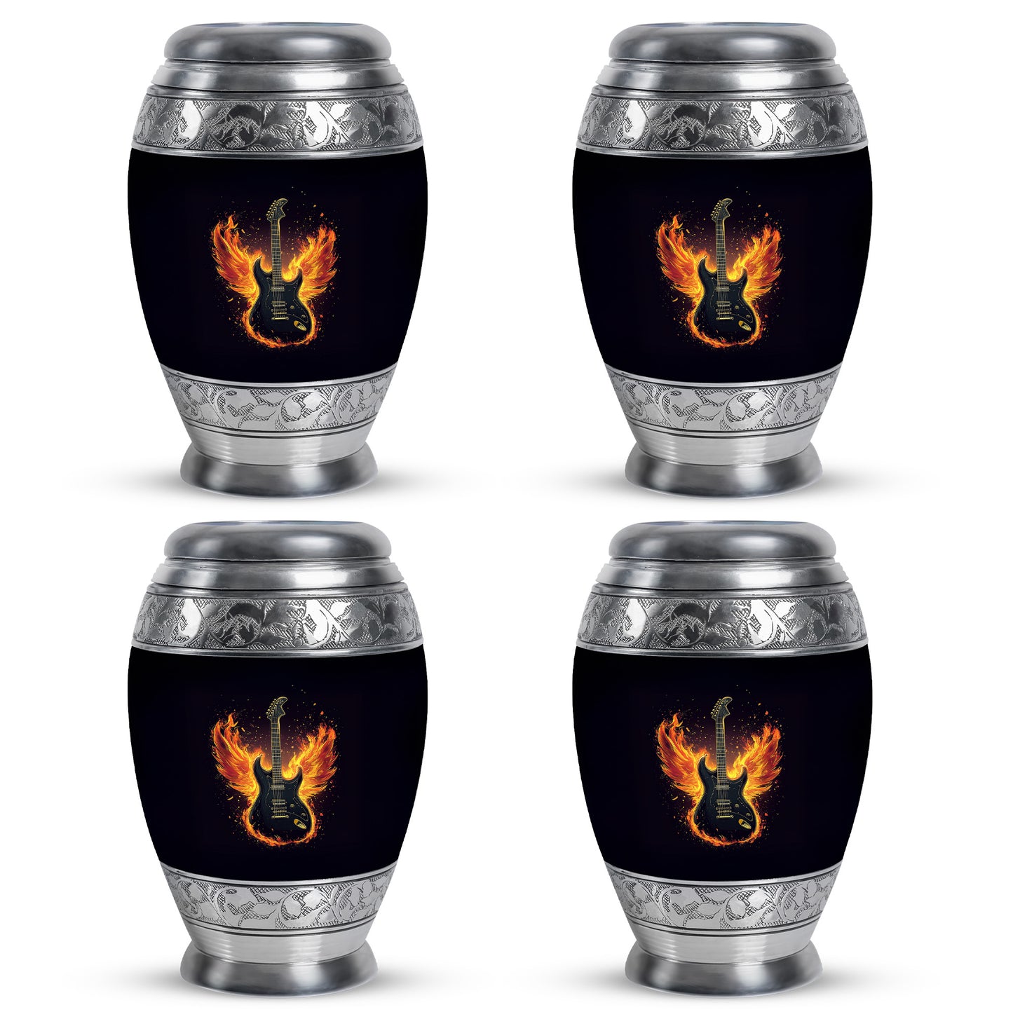 Charcoal Black Guitar Cremation Urn urn with complimentary velvet bag - royal guitar engraving with decorative scrollwork - 10 inch aluminum urn for cremated remains