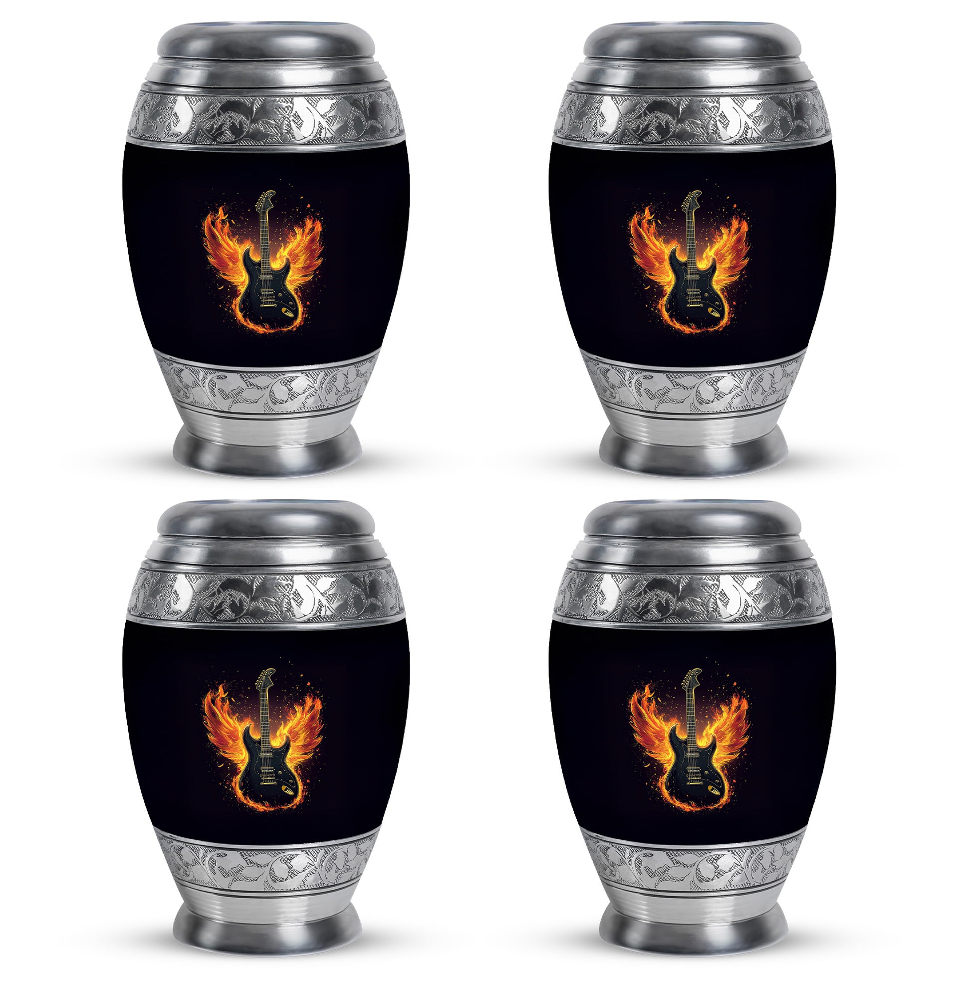 Charcoal Black Guitar Cremation Urn urn with complimentary velvet bag - royal guitar engraving with decorative scrollwork - 10 inch aluminum urn for cremated remains