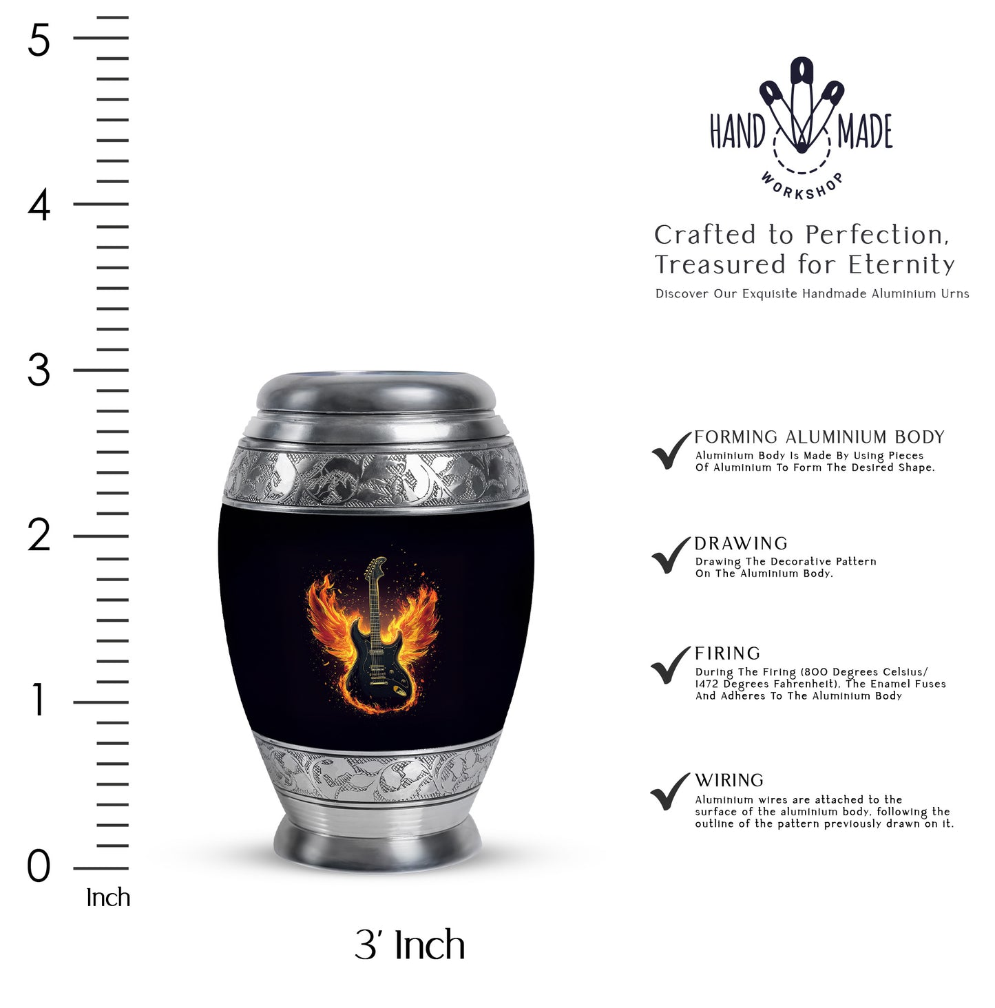 Charcoal Black Guitar Cremation Urn lifestyle display on memorial shelf - royal guitar engraving with decorative scrollwork - mini keepsake memorial for portion of cremation ashes