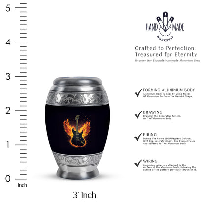 Charcoal Black Guitar Cremation Urn lifestyle display on memorial shelf - royal guitar engraving with decorative scrollwork - mini keepsake memorial for portion of cremation ashes