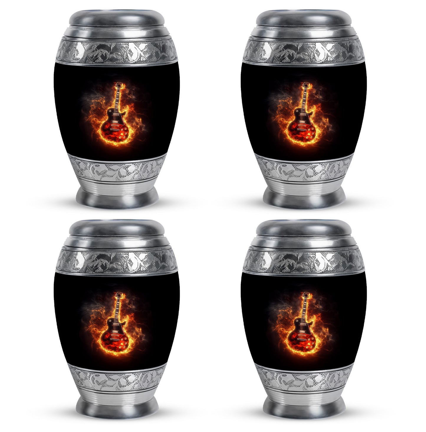 Deep Black Guitar Cremation Urn urn with complimentary velvet bag - regal guitar design with crown-inspired accents - 10 inch aluminum urn for cremated remains