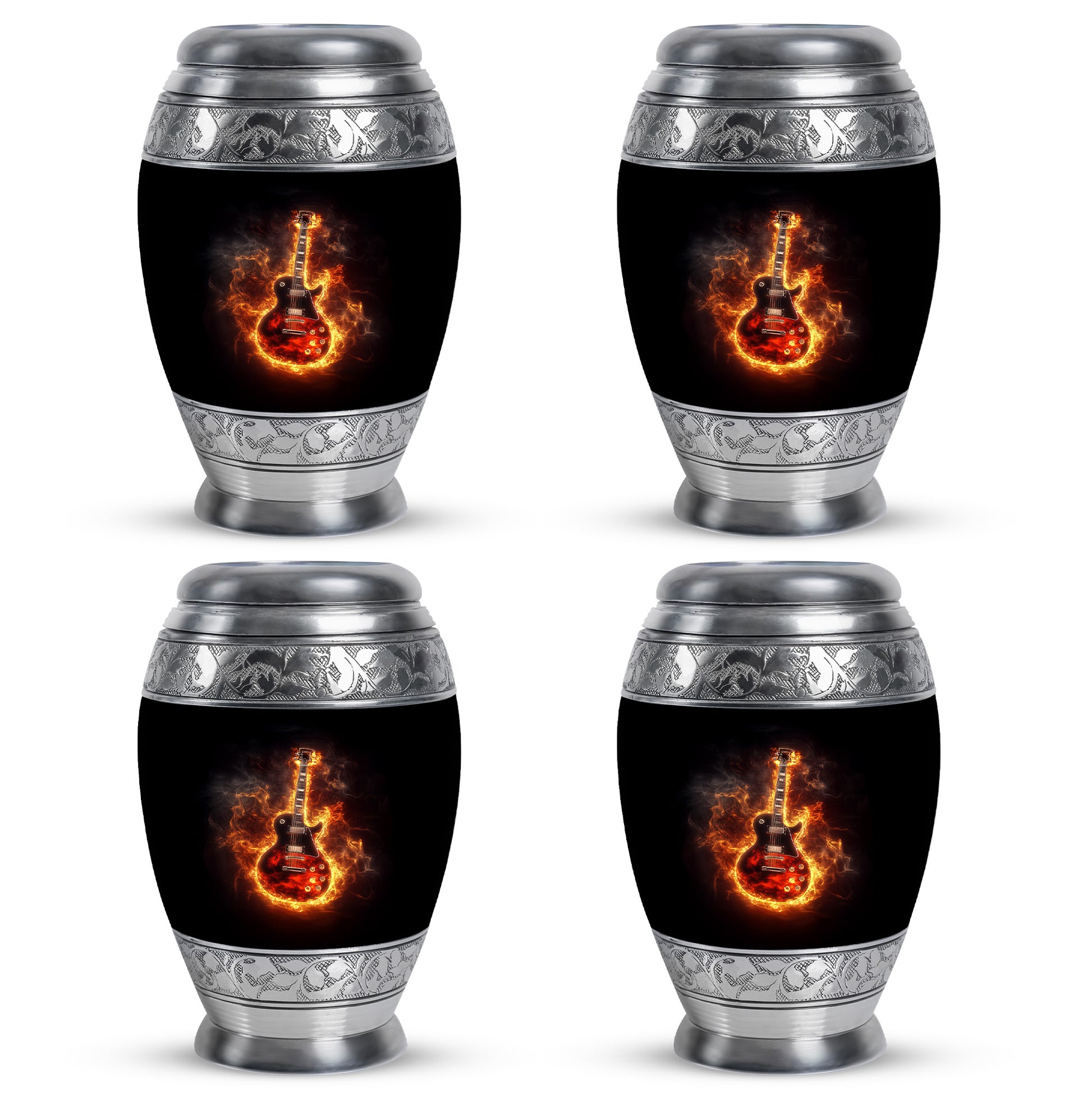 Deep Black Guitar Cremation Urn urn with complimentary velvet bag - regal guitar design with crown-inspired accents - 10 inch aluminum urn for cremated remains