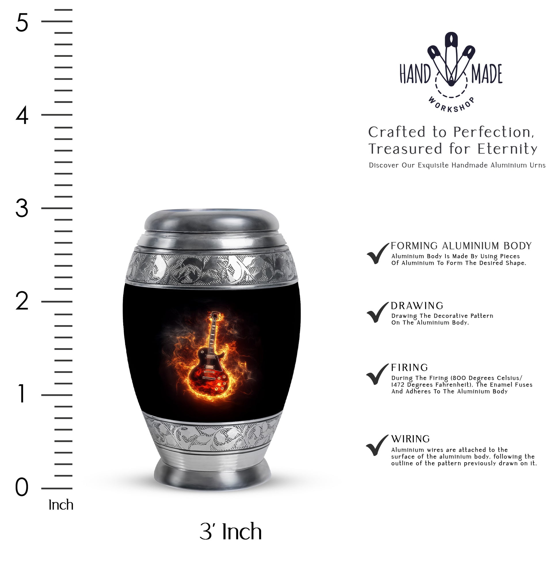 Deep Black Guitar Cremation Urn lifestyle display on memorial shelf - ornate monarch-style guitar relief on brushed aluminum - mini keepsake memorial for portion of cremation ashes