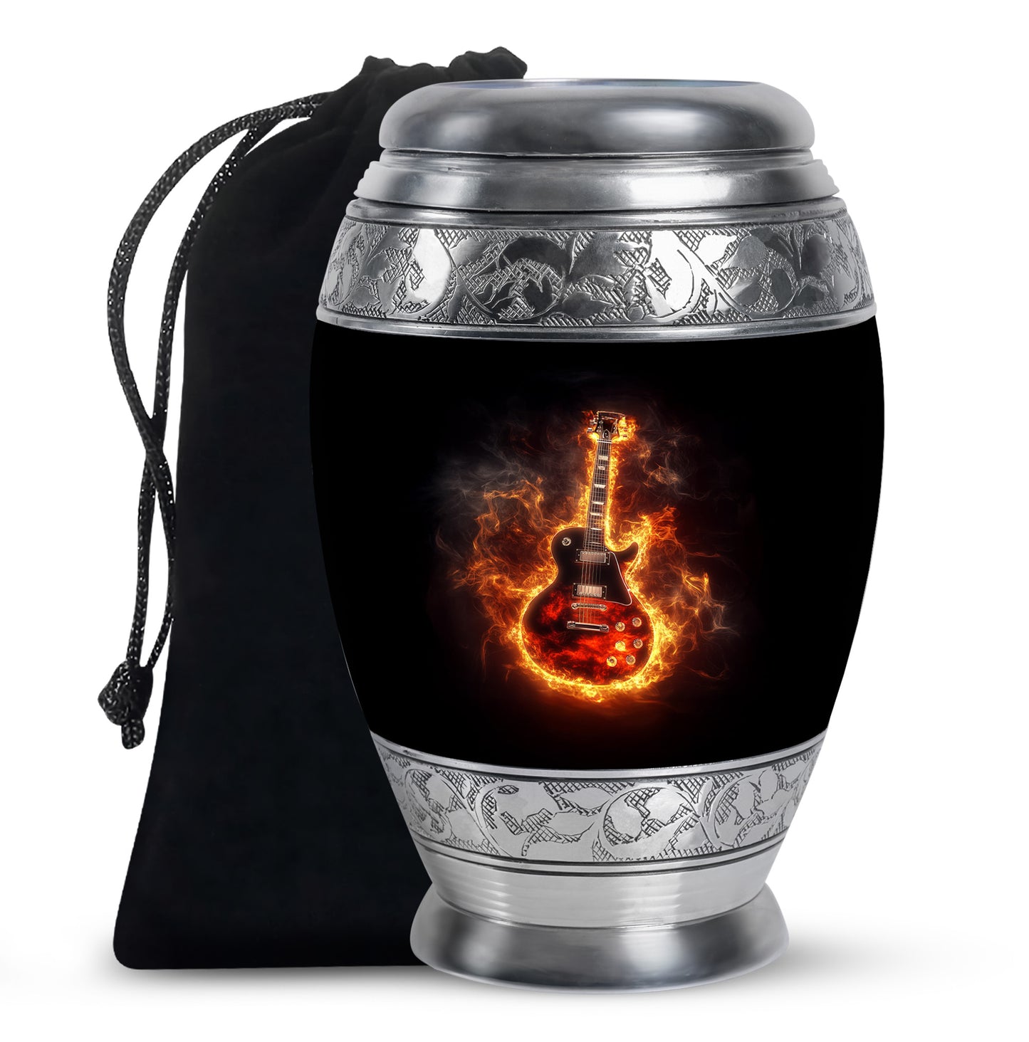 Rich Black Guitar Cremation Urn back view with polished surface - ornate monarch-style guitar relief on brushed aluminum - full-size 10 inch 200 cubic inch adult cremation urn