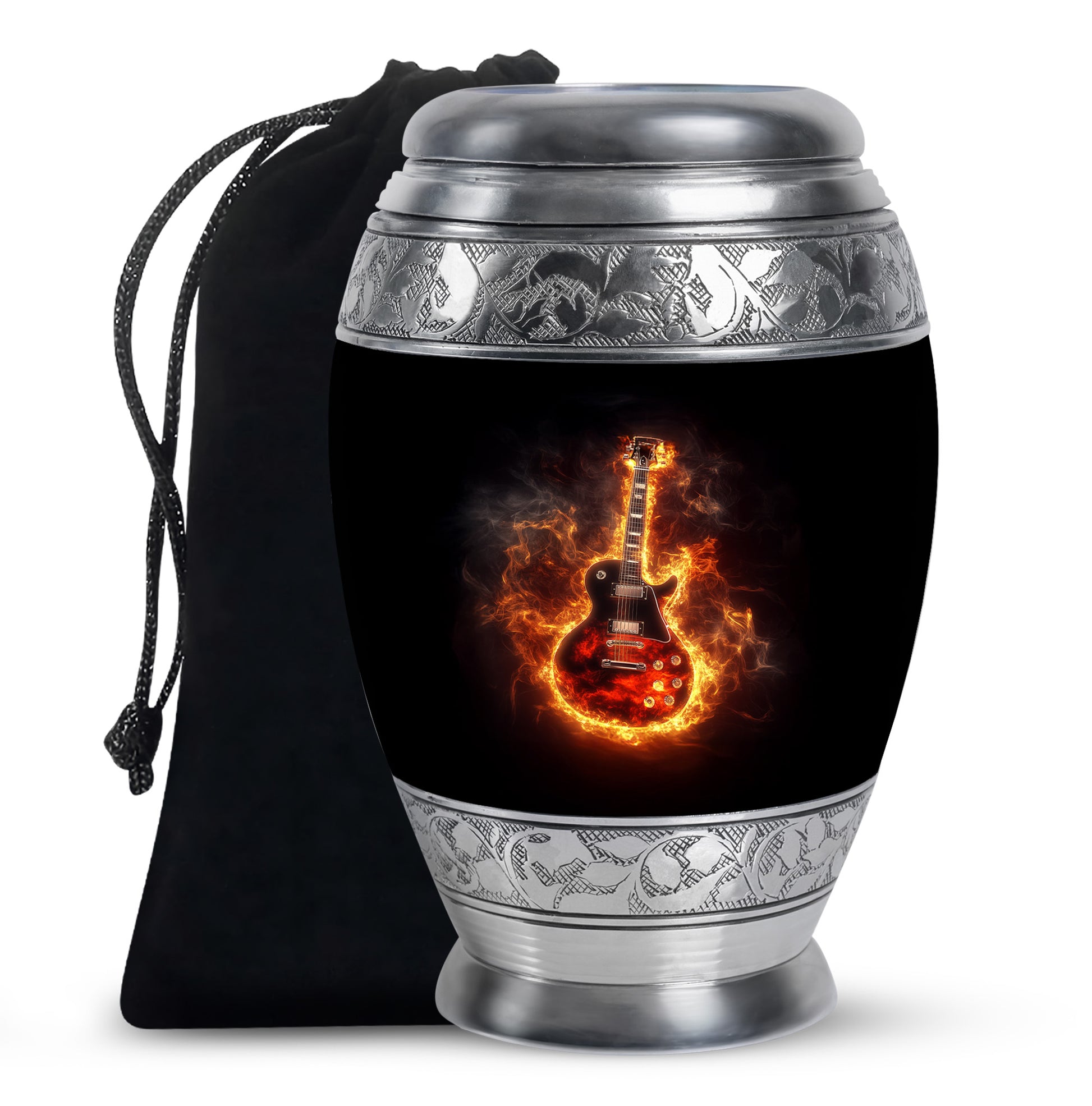 Rich Black Guitar Cremation Urn back view with polished surface - ornate monarch-style guitar relief on brushed aluminum - full-size 10 inch 200 cubic inch adult cremation urn