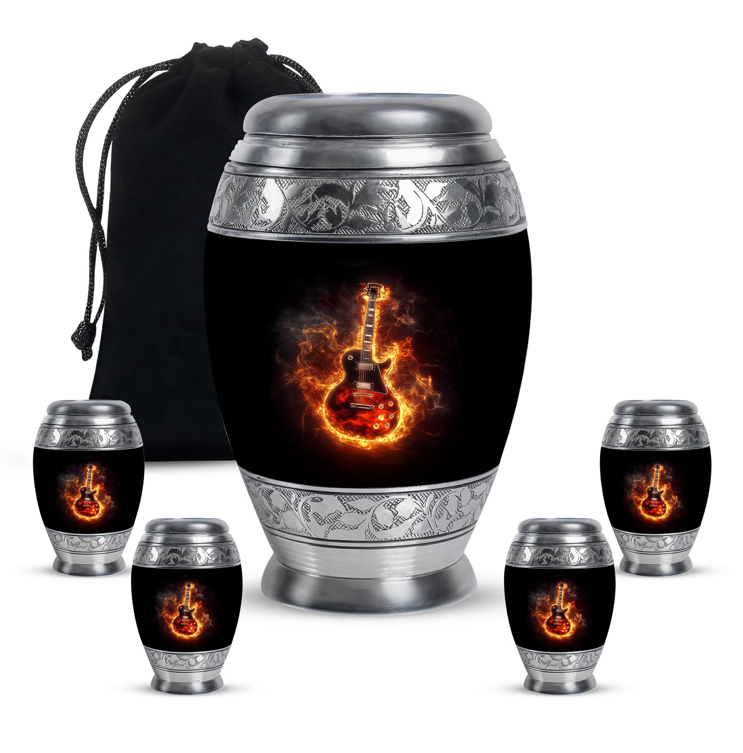 Dark Black Guitar Cremation Urn detail view - majestic guitar pattern with filigree border - memorial set with one large and four small urns