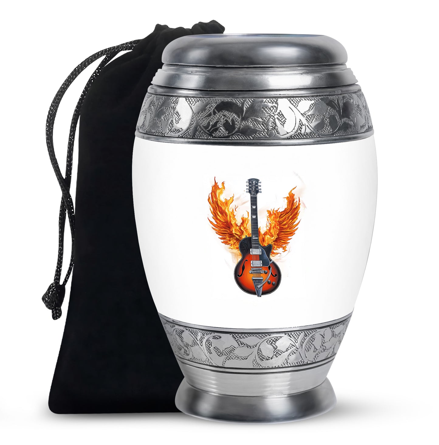 Polished Silver Guitar Cremation Urn back view with polished surface - royal guitar engraving with decorative scrollwork - full-size 10 inch 200 cubic inch adult cremation urn