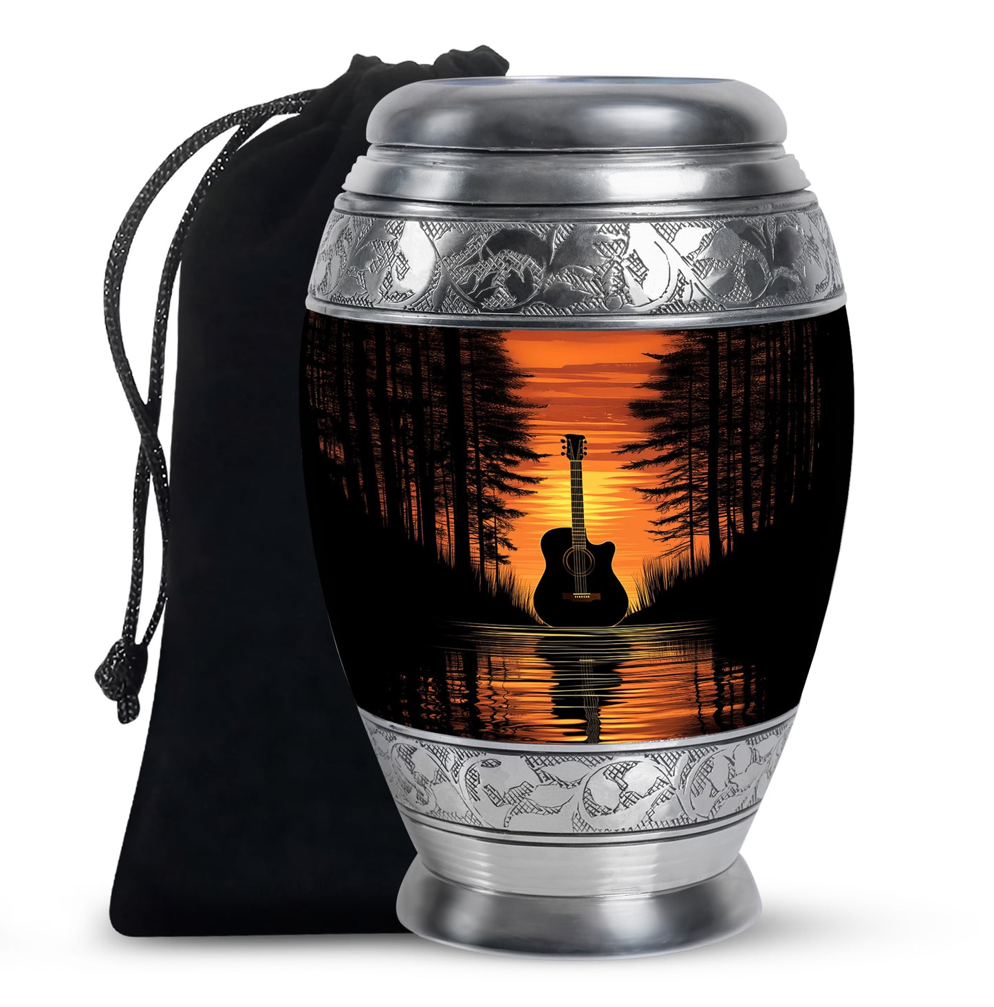 Dark Black Guitar Cremation Urn back view with polished surface - majestic guitar pattern with filigree border - full-size 10 inch 200 cubic inch adult cremation urn