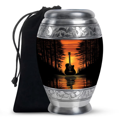 Dark Black Guitar Cremation Urn back view with polished surface - majestic guitar pattern with filigree border - full-size 10 inch 200 cubic inch adult cremation urn