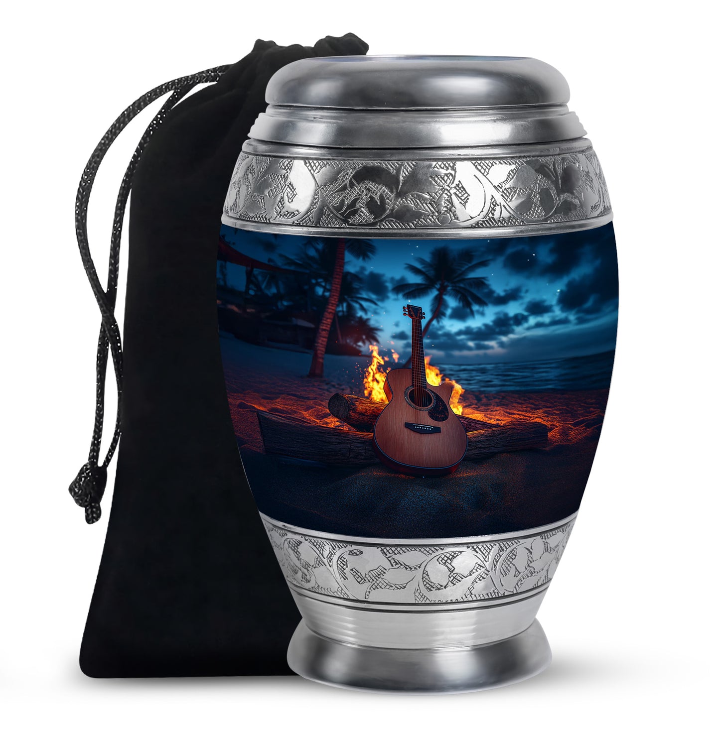 Cobalt Blue Guitar Cremation Urn back view with polished surface - majestic guitar pattern with filigree border - full-size 10 inch 200 cubic inch adult cremation urn