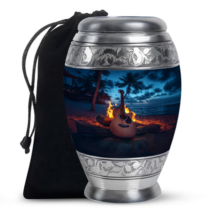 Cobalt Blue Guitar Cremation Urn back view with polished surface - majestic guitar pattern with filigree border - full-size 10 inch 200 cubic inch adult cremation urn