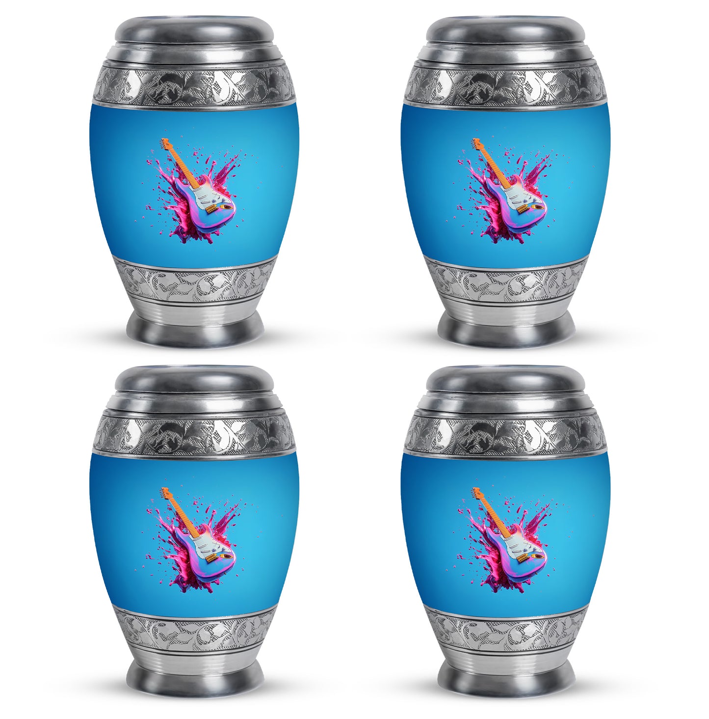 Bright Blue Guitar Cremation Urn urn with complimentary velvet bag - majestic guitar pattern with filigree border - 10 inch aluminum urn for cremated remains