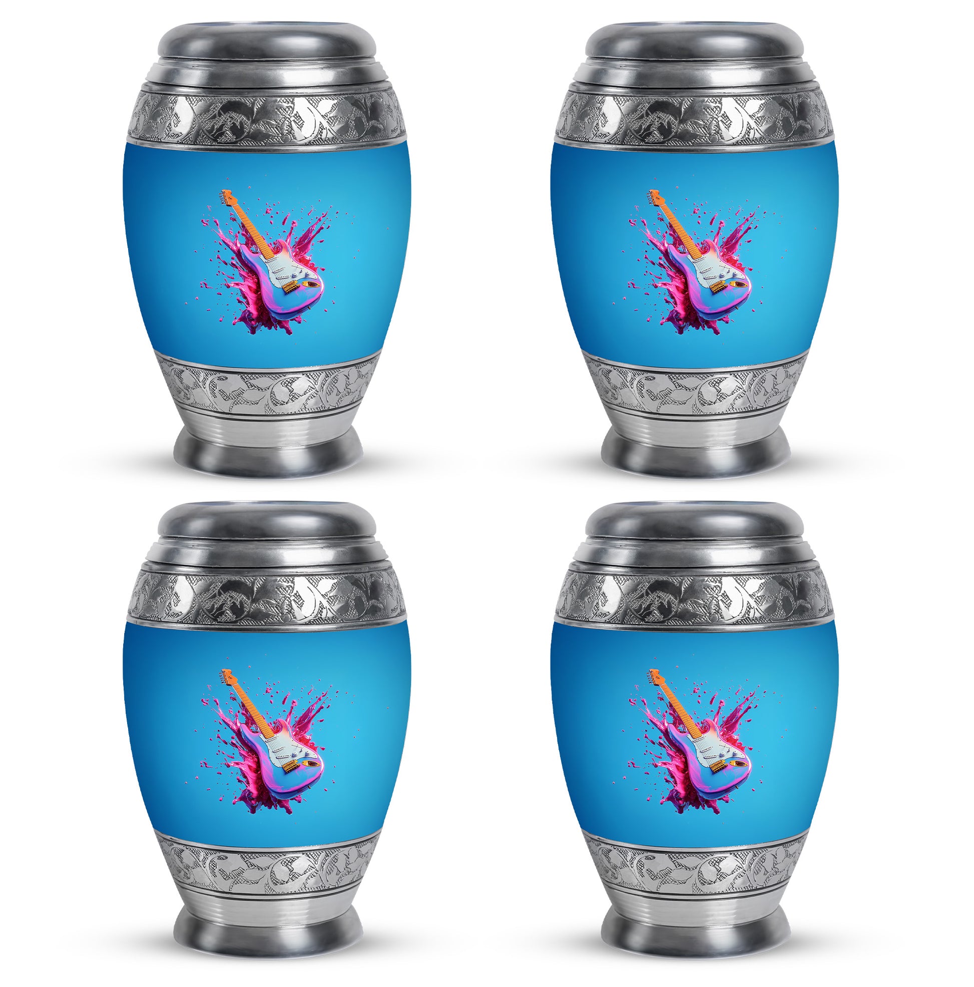 Bright Blue Guitar Cremation Urn urn with complimentary velvet bag - majestic guitar pattern with filigree border - 10 inch aluminum urn for cremated remains