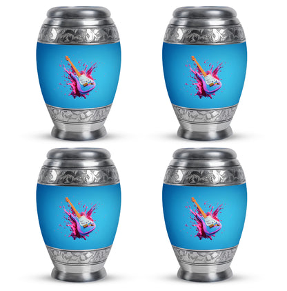 Bright Blue Guitar Cremation Urn urn with complimentary velvet bag - majestic guitar pattern with filigree border - 10 inch aluminum urn for cremated remains