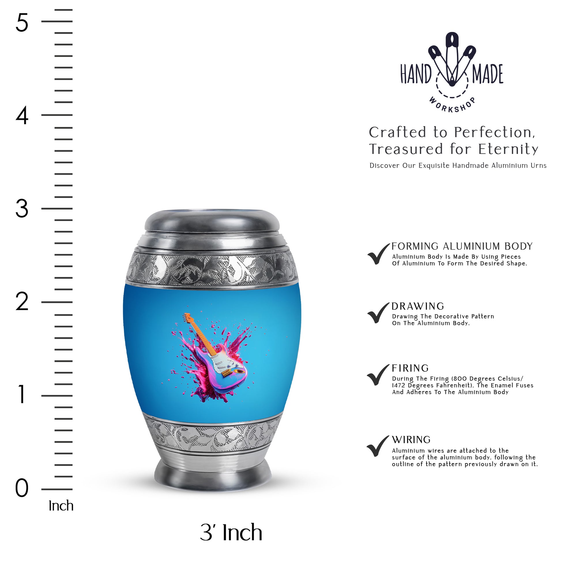 Powder Blue Guitar Cremation Urn lifestyle display on memorial shelf - regal guitar design with crown-inspired accents - mini keepsake memorial for portion of cremation ashes