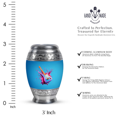 Powder Blue Guitar Cremation Urn lifestyle display on memorial shelf - regal guitar design with crown-inspired accents - mini keepsake memorial for portion of cremation ashes
