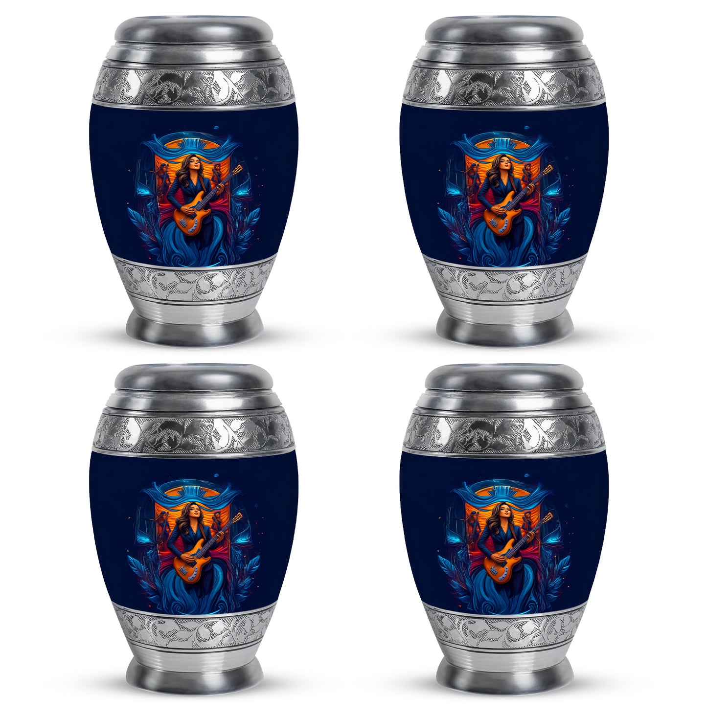 Misty Blue Guitar Cremation Urn urn with complimentary velvet bag - ornate monarch-style guitar relief on brushed aluminum - 10 inch aluminum urn for cremated remains