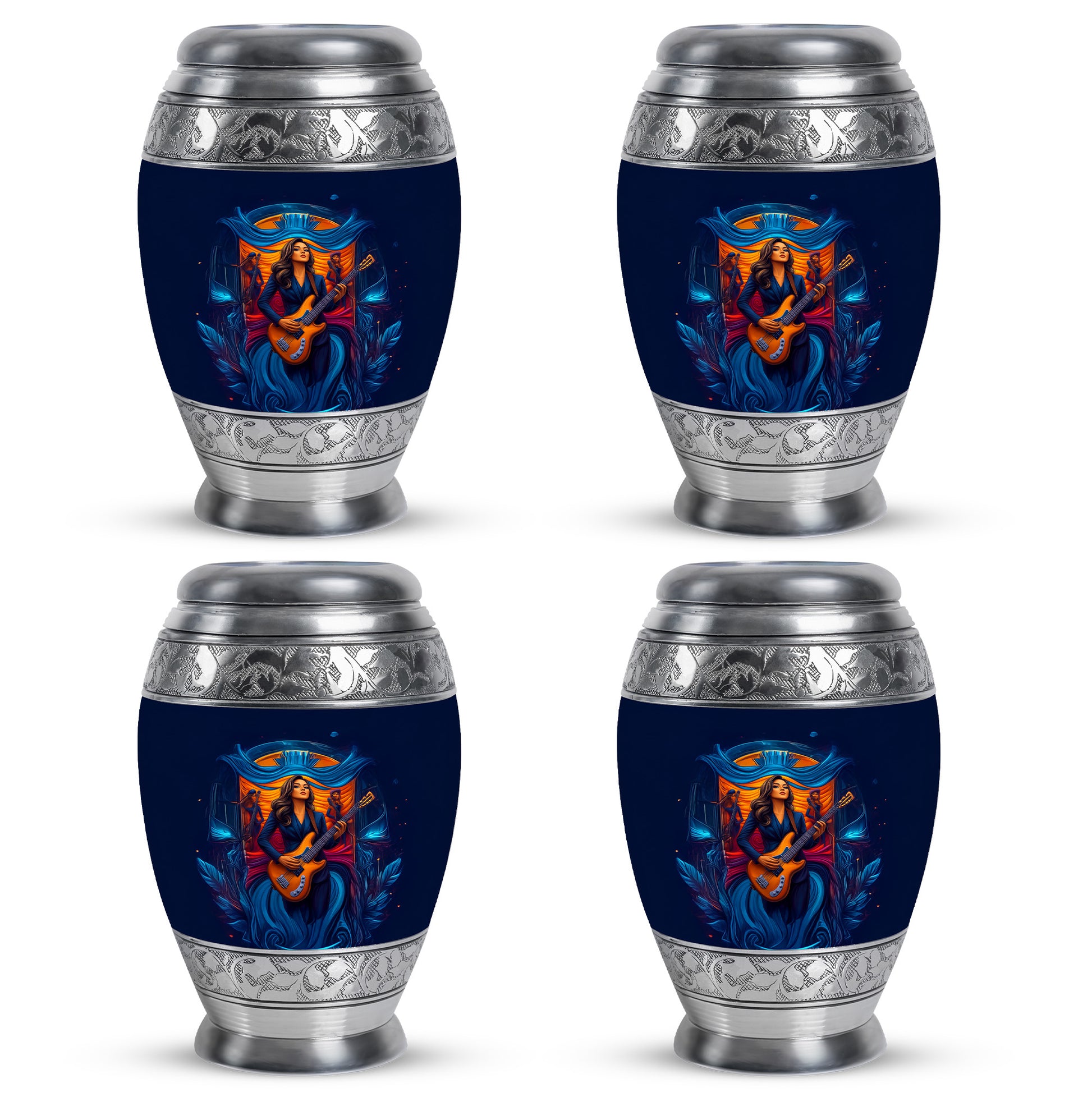 Misty Blue Guitar Cremation Urn urn with complimentary velvet bag - ornate monarch-style guitar relief on brushed aluminum - 10 inch aluminum urn for cremated remains