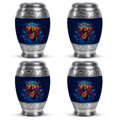 Misty Blue Guitar Cremation Urn urn with complimentary velvet bag - ornate monarch-style guitar relief on brushed aluminum - 10 inch aluminum urn for cremated remains