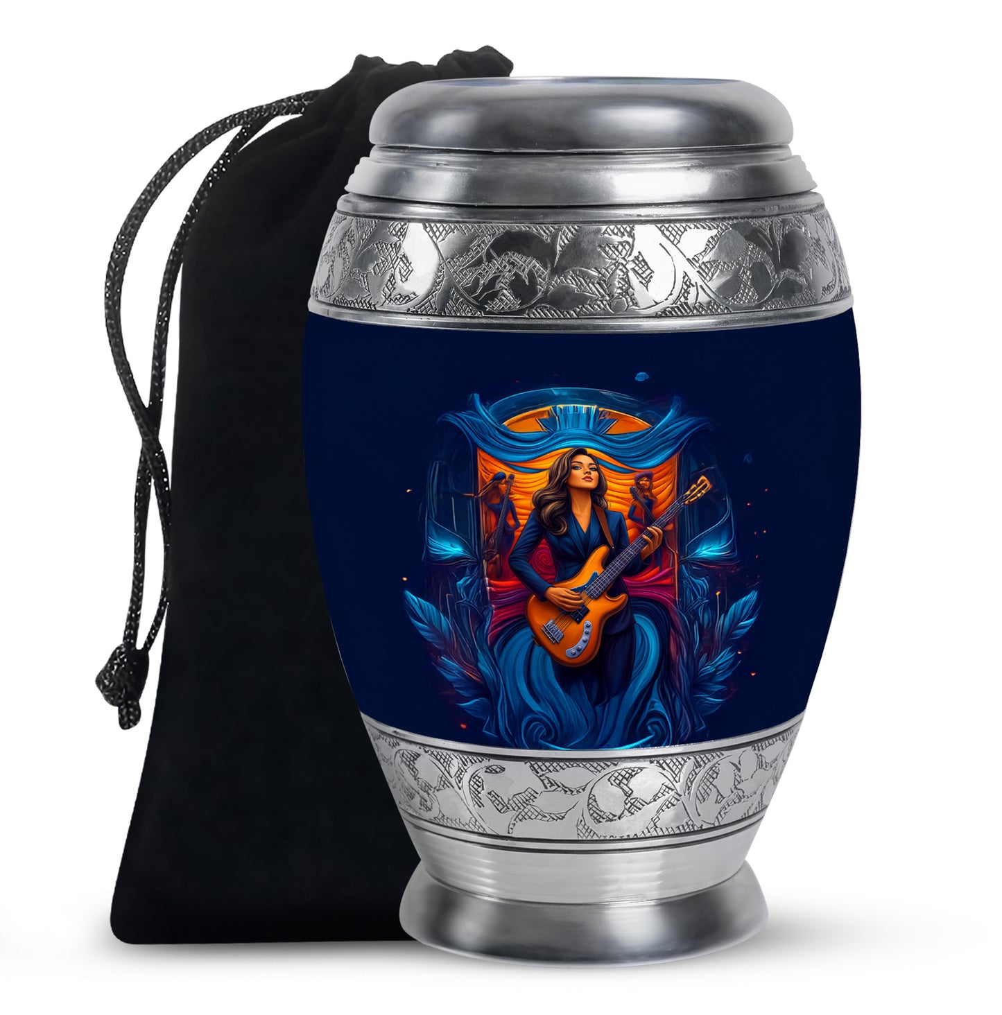 Celestial Blue Guitar Cremation Urn back view with polished surface - ornate monarch-style guitar relief on brushed aluminum - full-size 10 inch 200 cubic inch adult cremation urn