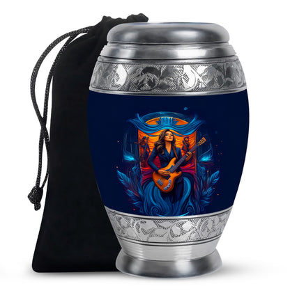Celestial Blue Guitar Cremation Urn back view with polished surface - ornate monarch-style guitar relief on brushed aluminum - full-size 10 inch 200 cubic inch adult cremation urn