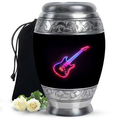 Ebony Guitar Cremation Urn back view with polished surface - regal guitar design with crown-inspired accents - full-size 10 inch 200 cubic inch adult cremation urn