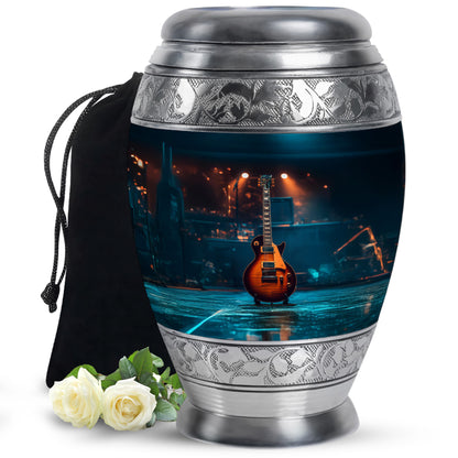 Midnight Black Guitar Cremation Urn back view with polished surface - royal guitar engraving with decorative scrollwork - full-size 10 inch 200 cubic inch adult cremation urn
