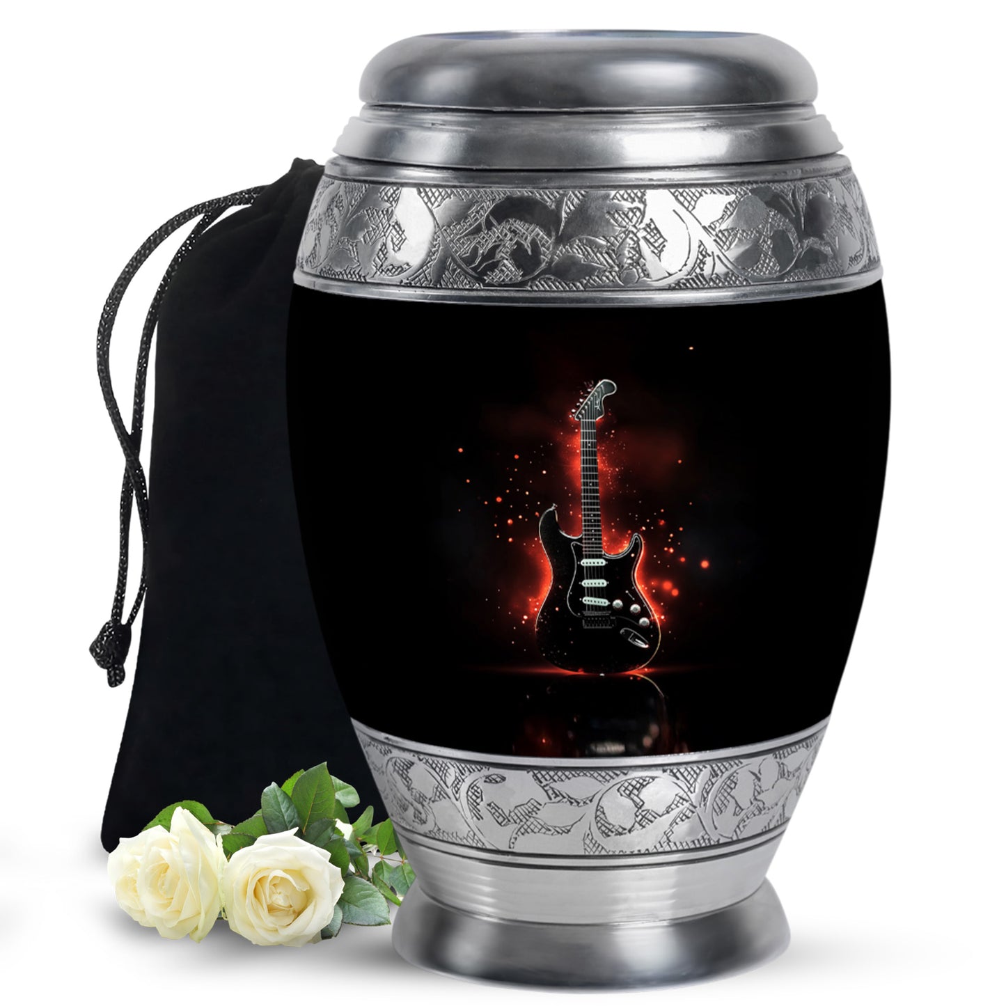 Charcoal Black Guitar Cremation Urn back view with polished surface - majestic guitar pattern with filigree border - full-size 10 inch 200 cubic inch adult cremation urn