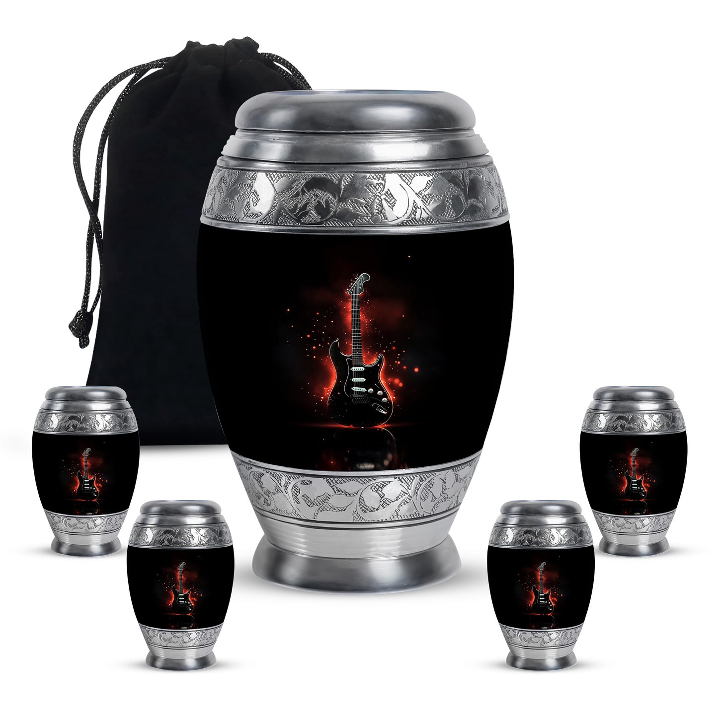 Glossy Black Guitar Cremation Urn detail view - regal guitar design with crown-inspired accents - memorial set with one large and four small urns