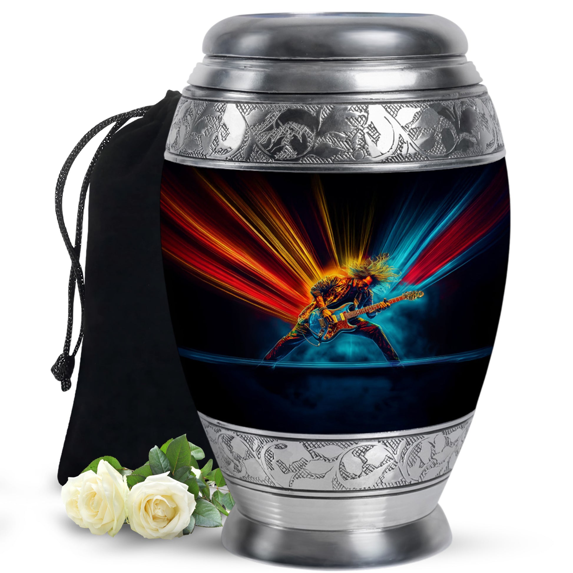 Dark Black Guitar Cremation Urn back view with polished surface - royal guitar engraving with decorative scrollwork - full-size 10 inch 200 cubic inch adult cremation urn