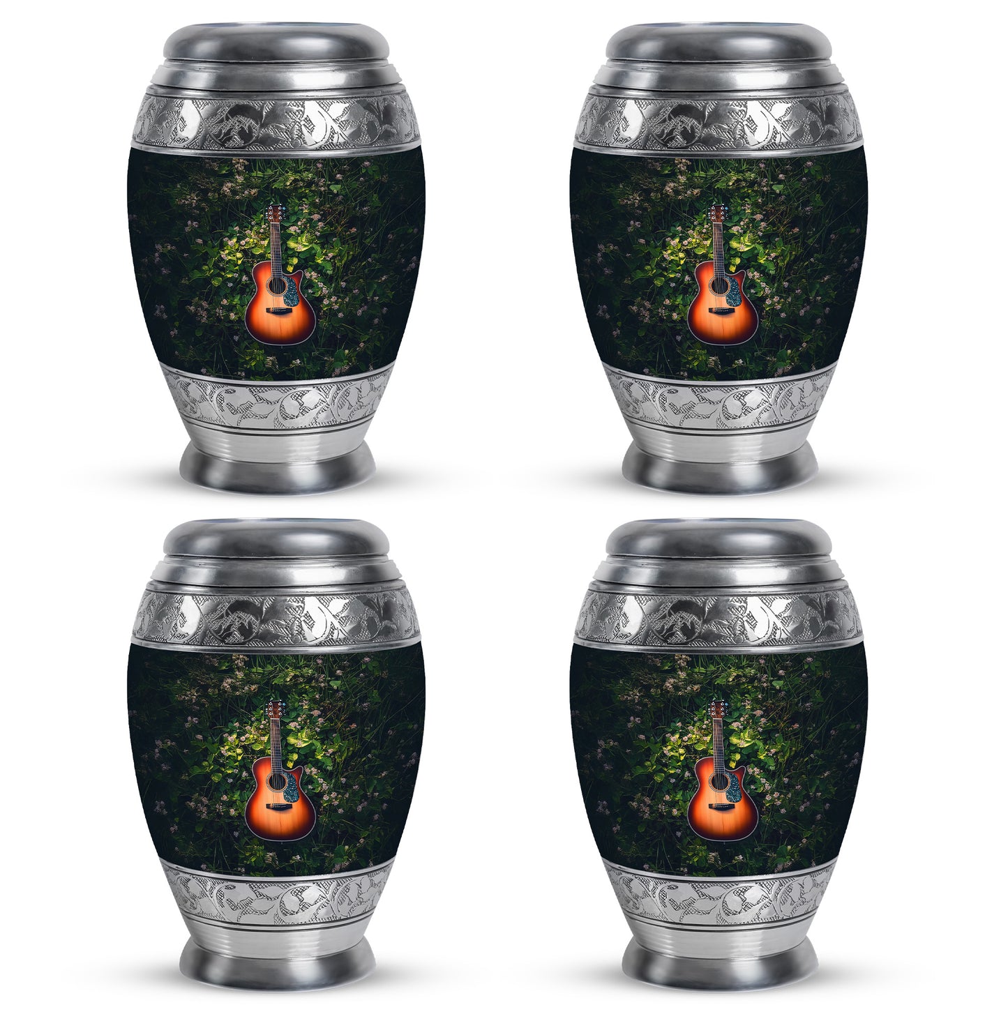 Forest Green Guitar Cremation Urn urn with complimentary velvet bag - majestic guitar pattern with filigree border - 10 inch aluminum urn for cremated remains