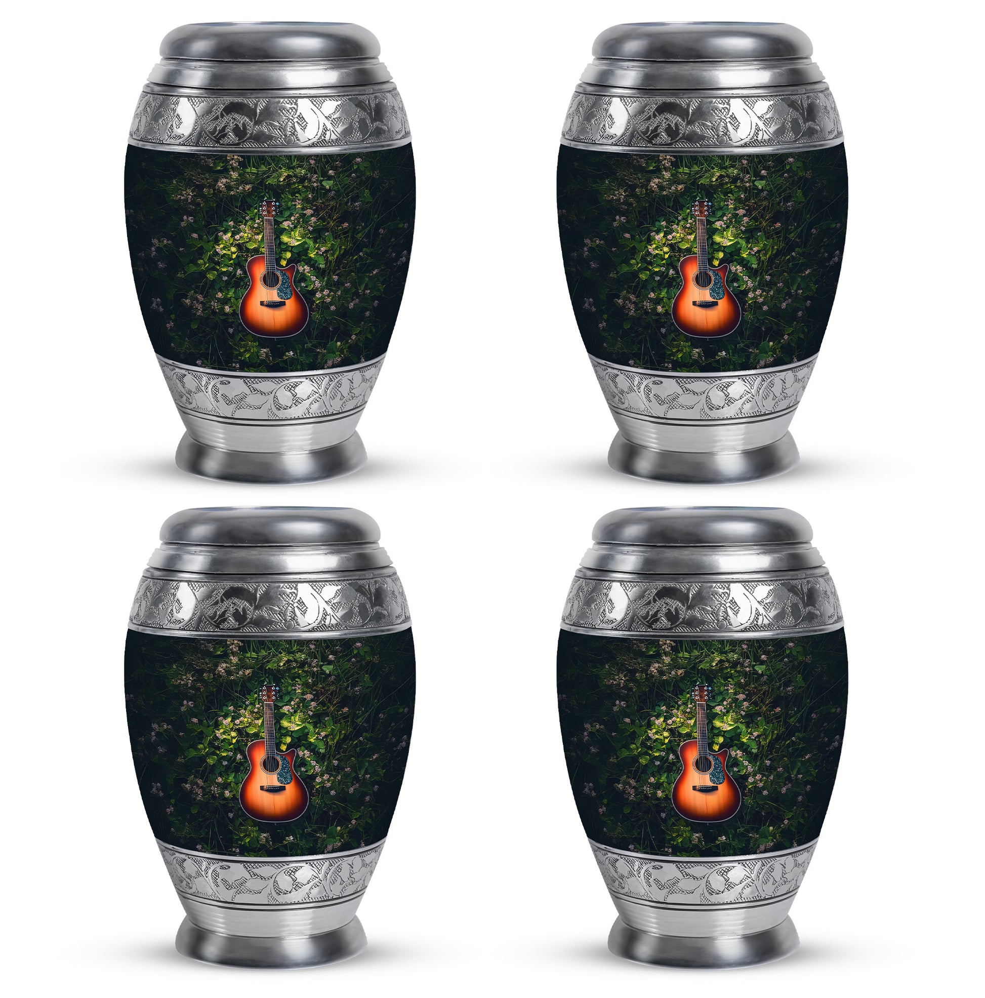 Forest Green Guitar Cremation Urn urn with complimentary velvet bag - majestic guitar pattern with filigree border - 10 inch aluminum urn for cremated remains