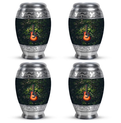 Forest Green Guitar Cremation Urn urn with complimentary velvet bag - majestic guitar pattern with filigree border - 10 inch aluminum urn for cremated remains