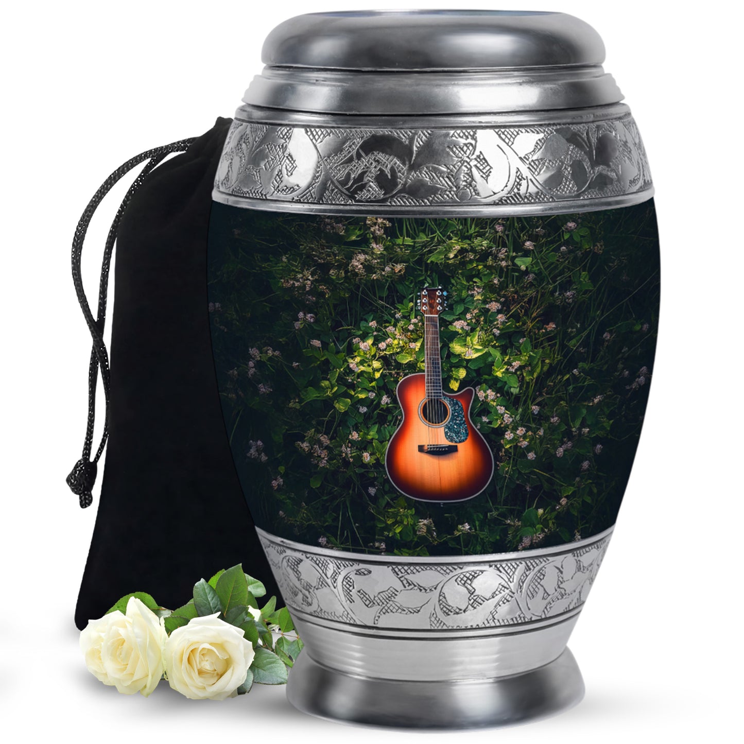 Olive Green Guitar Cremation Urn back view with polished surface - majestic guitar pattern with filigree border - full-size 10 inch 200 cubic inch adult cremation urn
