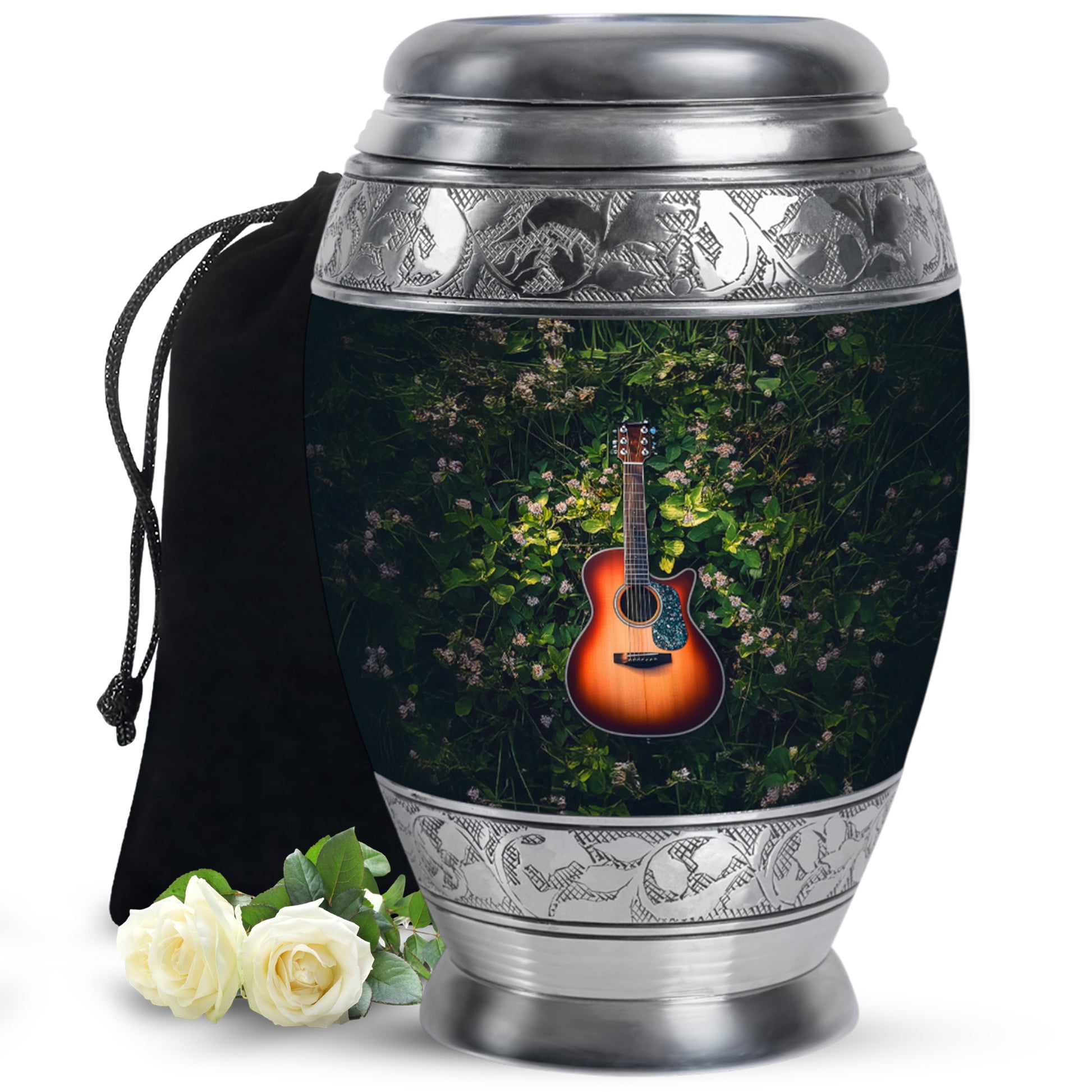 Olive Green Guitar Cremation Urn back view with polished surface - majestic guitar pattern with filigree border - full-size 10 inch 200 cubic inch adult cremation urn