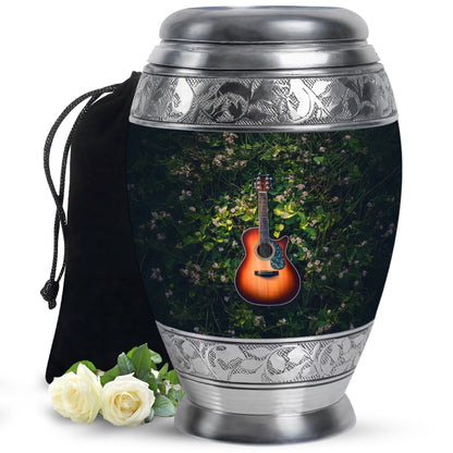 Olive Green Guitar Cremation Urn back view with polished surface - majestic guitar pattern with filigree border - full-size 10 inch 200 cubic inch adult cremation urn