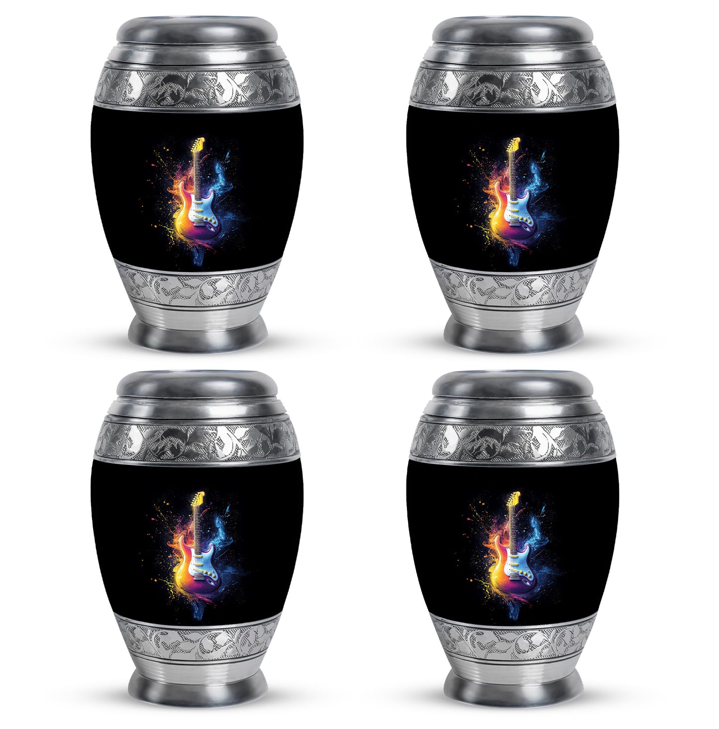 Charcoal Black Guitar Cremation Urn urn with complimentary velvet bag - royal guitar engraving with decorative scrollwork - 10 inch aluminum urn for cremated remains