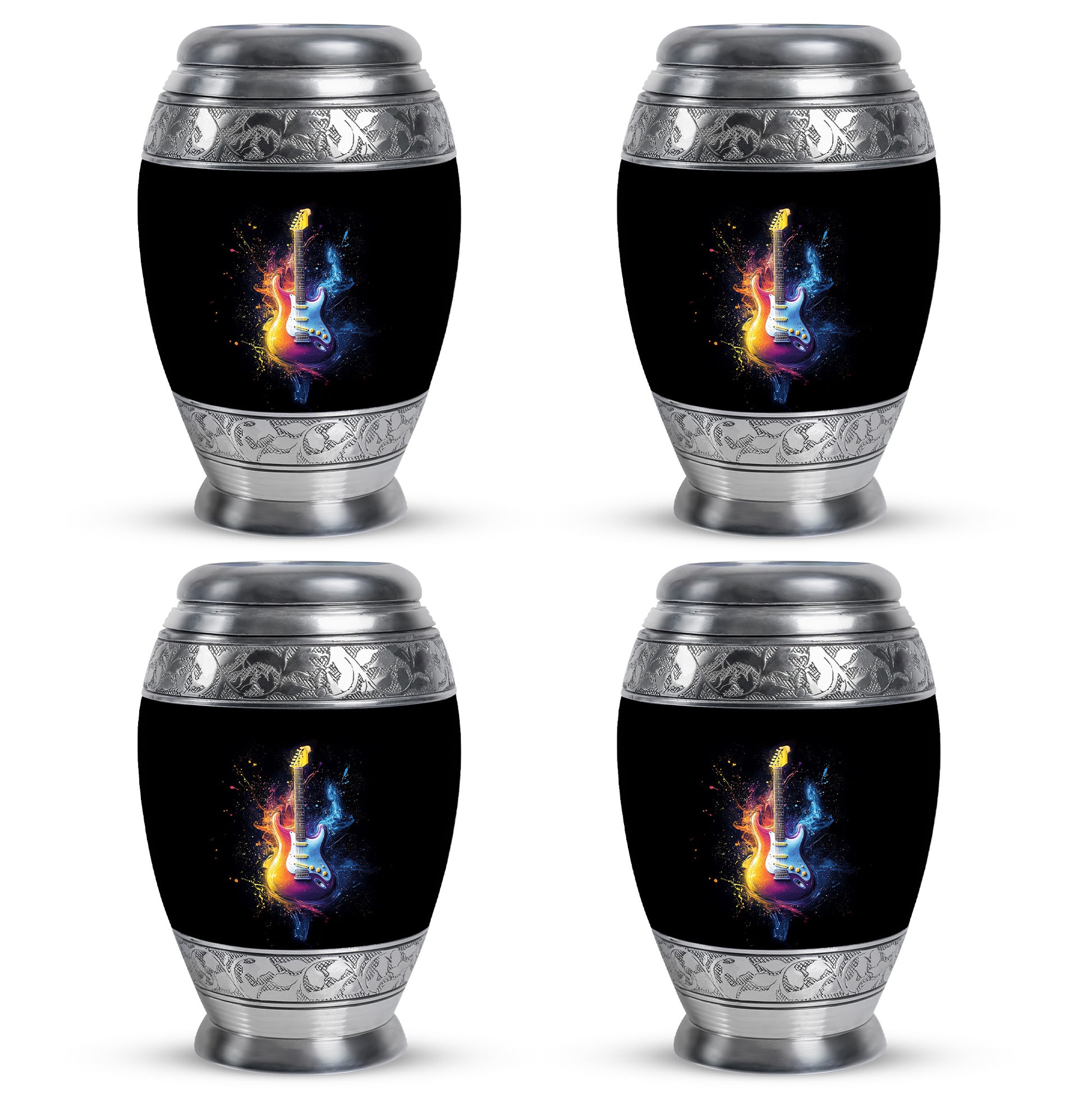 Charcoal Black Guitar Cremation Urn urn with complimentary velvet bag - royal guitar engraving with decorative scrollwork - 10 inch aluminum urn for cremated remains