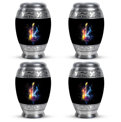 Charcoal Black Guitar Cremation Urn urn with complimentary velvet bag - royal guitar engraving with decorative scrollwork - 10 inch aluminum urn for cremated remains