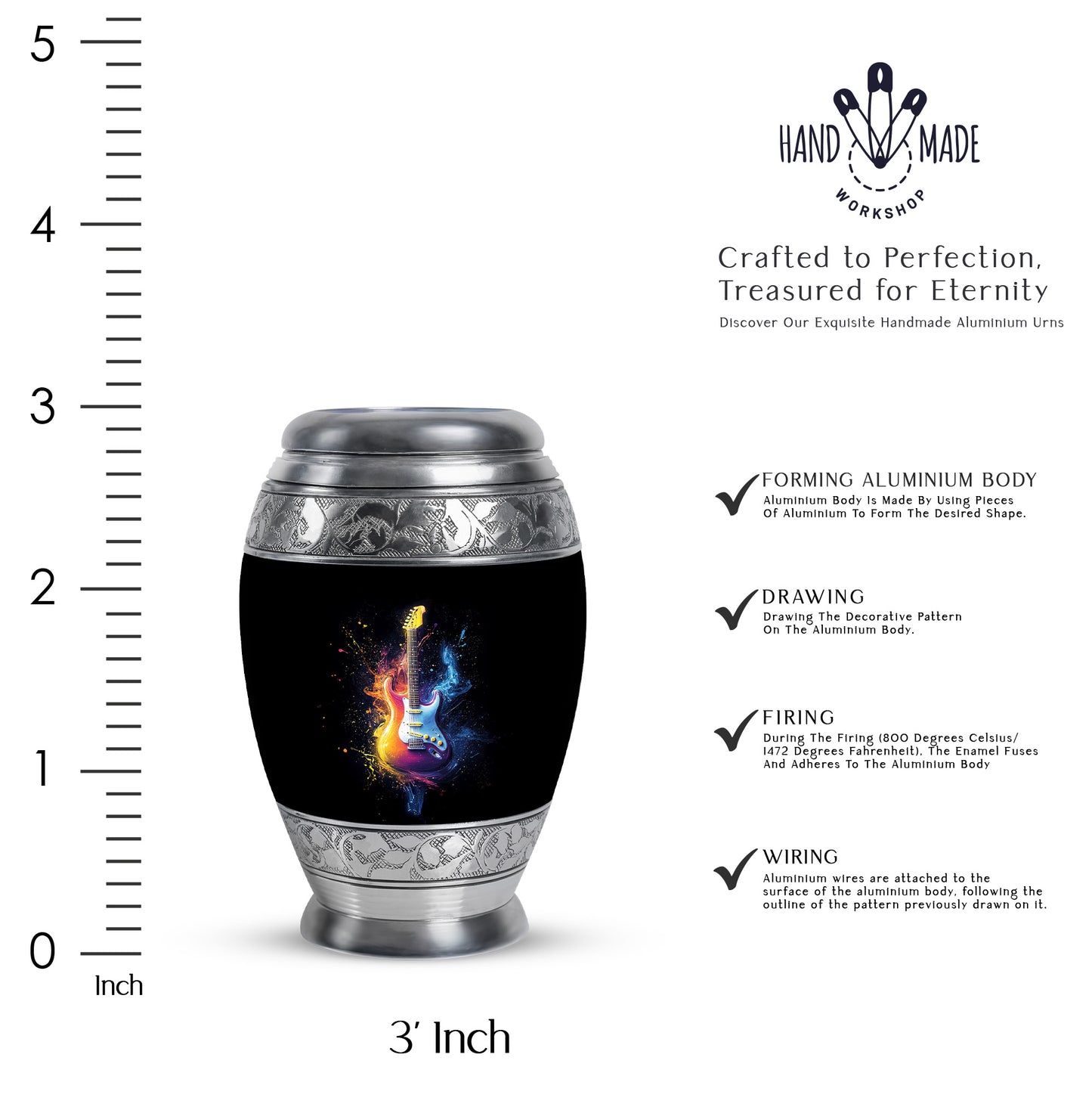 Ebony Guitar Cremation Urn lifestyle display on memorial shelf - regal guitar design with crown-inspired accents - mini keepsake memorial for portion of cremation ashes