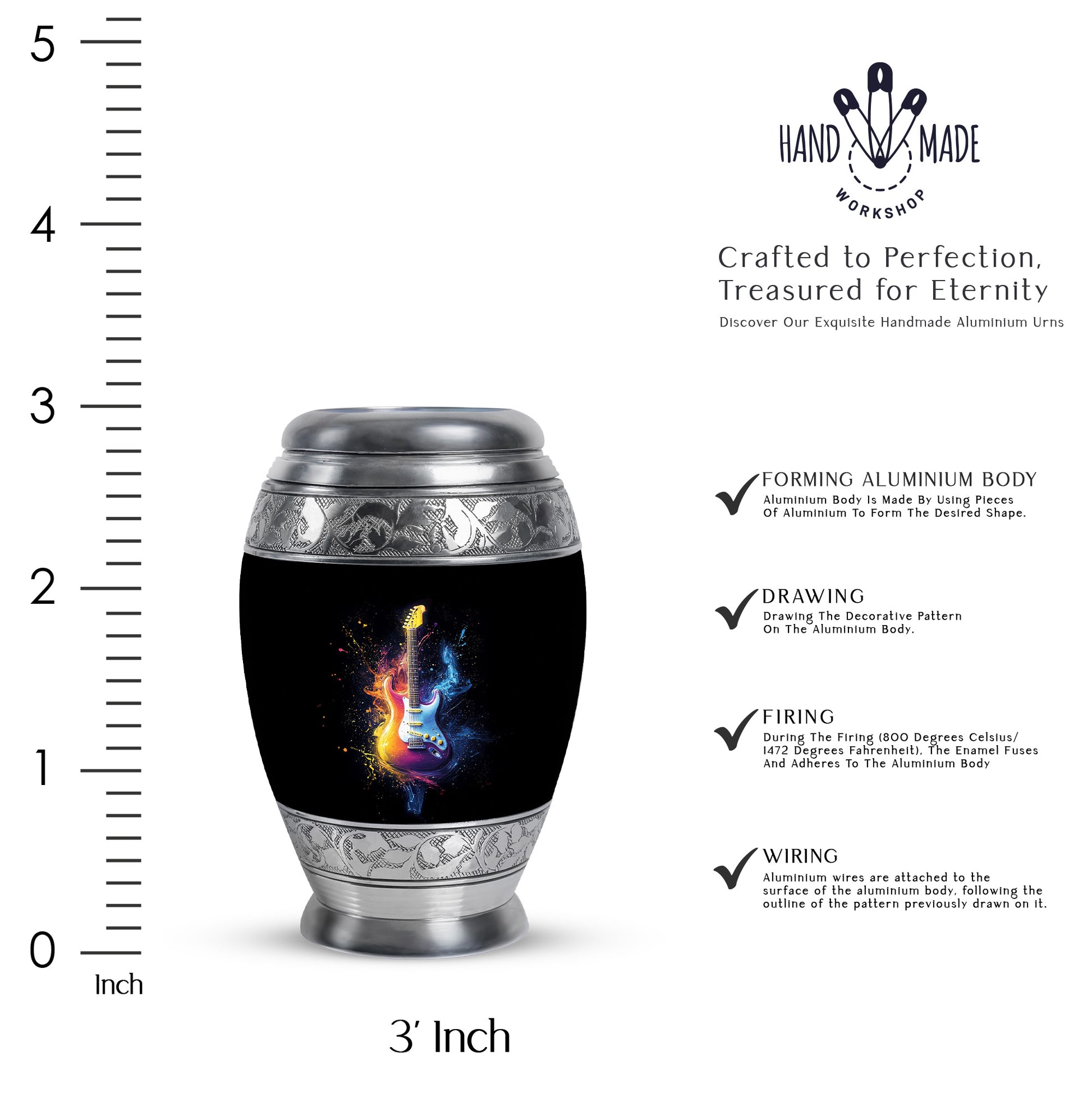 Ebony Guitar Cremation Urn lifestyle display on memorial shelf - regal guitar design with crown-inspired accents - mini keepsake memorial for portion of cremation ashes