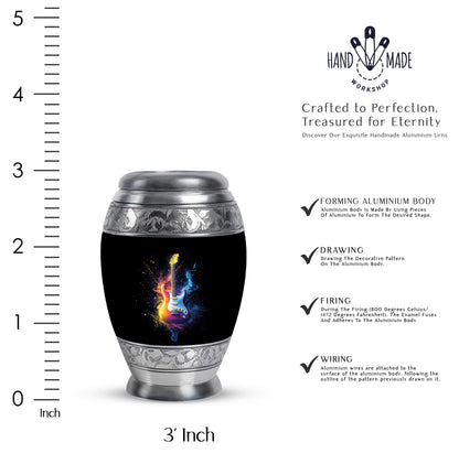 Ebony Guitar Cremation Urn lifestyle display on memorial shelf - regal guitar design with crown-inspired accents - mini keepsake memorial for portion of cremation ashes