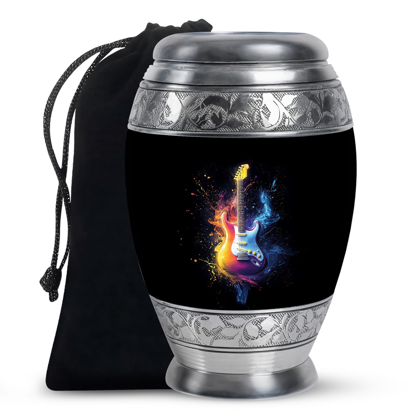 Onyx Black Guitar Cremation Urn back view with polished surface - royal guitar engraving with decorative scrollwork - full-size 10 inch 200 cubic inch adult cremation urn