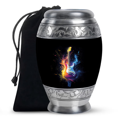 Onyx Black Guitar Cremation Urn back view with polished surface - royal guitar engraving with decorative scrollwork - full-size 10 inch 200 cubic inch adult cremation urn
